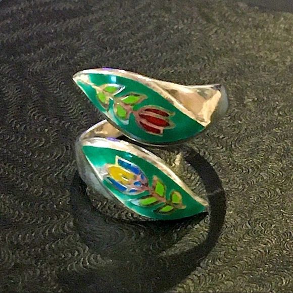 VINTAGE Sterling Silver Floral Inlay Bypass Ring Sz 6 - Picture 7 of 7